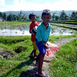 Deux garçons jouant au cerf volant dans les rizières de Bali - Bali  - collection de photos clin d'oeil, catégorie portraits